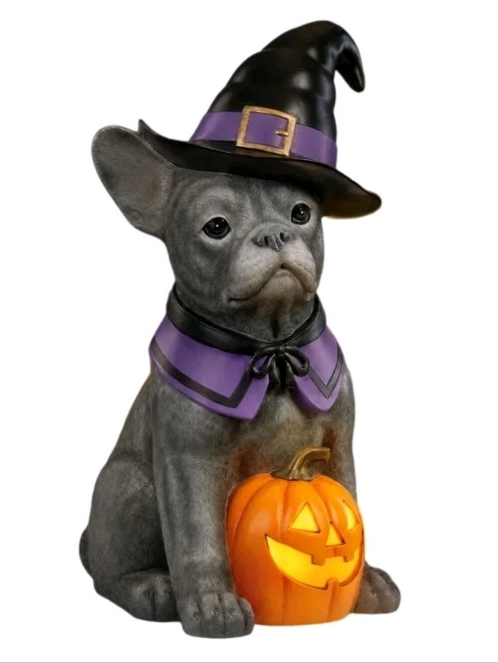 Frenchie Statue, LED Light Up Dog Decor with Witch Hat